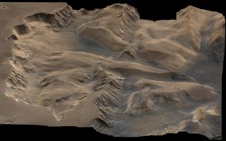 <h1>PIA00006:  Oblique View with Altimetry of Valles Marineris</h1><div class="PIA00006" lang="en" style="width:800px;text-align:left;margin:auto;background-color:#000;padding:10px;max-height:150px;overflow:auto;">An oblique, color image of central Valles Marineris, Mars showing relief of Ophir and Candor Chasmata; view toward east. The photograph is a composite of Viking high-resolution images in black and white and low-resolution images in color. Ophir Chasma on the north (left side) is approximately 300 km across and as deep as 10 km. The connected chasma or valleys of Valles Marineris may have formed from a combination of erosional collapse and structural activity. Tongues of interior layered deposits on the floor of the chasmata can be observed as well as young landslide material along the base of Ophir Chasma's north wall.<br /><br /><a href="http://photojournal.jpl.nasa.gov/catalog/PIA00006" onclick="window.open(this.href); return false;" title="Voir l'image 	 PIA00006:  Oblique View with Altimetry of Valles Marineris	  sur le site de la NASA">Voir l'image 	 PIA00006:  Oblique View with Altimetry of Valles Marineris	  sur le site de la NASA.</a></div>