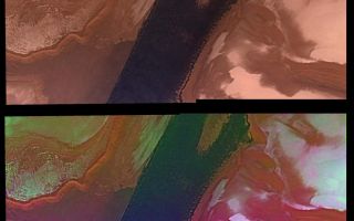 <h1>PIA00152:  North Polar Cap Margin (natural color (top) and enhanced color (bottom))</h1><div class="PIA00152" lang="en" style="width:800px;text-align:left;margin:auto;background-color:#000;padding:10px;max-height:150px;overflow:auto;">Water ice mixed with dust form the residual north polar ice cap (brown color). Seasonal frost of relatively pure ice (white color) partly blankets the polar deposits. A large trough, which is occupied by linear sand dunes (dark band), exposes polar layered deposits. The layered deposits hold a partial record of the history of atmospheric activity and climate of Mars. Center of picture is at latitude 82 degrees N., longitude 84 degrees W. Viking Orbiter Picture Numbers 82B11-12 (violet), 82B15-16 (green), and 82B17-18 (red) at 53 m/pixel resolution. Picture width is 106 km. North is 6 degrees counter-clockwise from top.<br /><br /><a href="http://photojournal.jpl.nasa.gov/catalog/PIA00152" onclick="window.open(this.href); return false;" title="Voir l'image 	 PIA00152:  North Polar Cap Margin (natural color (top) and enhanced color (bottom))	  sur le site de la NASA">Voir l'image 	 PIA00152:  North Polar Cap Margin (natural color (top) and enhanced color (bottom))	  sur le site de la NASA.</a></div>