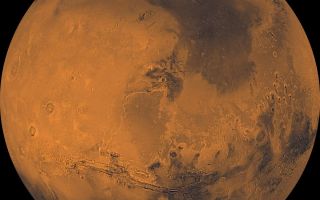 <h1>PIA00407:  Global Color Views of Mars</h1><div class="PIA00407" lang="en" style="width:800px;text-align:left;margin:auto;background-color:#000;padding:10px;max-height:150px;overflow:auto;">About 1000 Viking Orbiter red- and violet-filter images have been processed to provide global color coverage of Mars at a scale of 1 km/pixel. Individual image frames acquired during a single spacecraft revolution were first processed through radiometric calibration, cosmetic cleanup, geometric control, reprojection, and mosaicing. We have produced a total of 57 "single-rev" mosaics. All of the mosaics are geometrically tied to the Mars Digital Image Mosaic, a black-and-white base map with a scale of 231 m/pixel. We selected a subset of single-rev mosaics that provide the best global coverage (least atmospheric obscuration and seasonal frost); photometric normalization was applied to remove atmospheric effects and normalize the variations in illumination and viewing angles. Finally, these normalized mosaics were combined into global mosaics. Global coverage is about 98% complete in the red-filter mosaic and 95% complete in the violet-filter mosaic. Gaps were filled by interpolation. A green-filter image was synthesized from an average of the red and violet filter data to complete a 3-color set. The Viking Orbiters acquired actual green-filter images for only about half of the Martian surface. The final mosaic has been reprojected into several map projections. The orthographic view shown here is centered at 20 degrees latitude and 60 degrees longitude. The orthographic view is most like the view seen by a distant observer looking through a telescope. The color balance selected for these images was designed to be close to natural color for the bright reddish regions such as Tharsis and Arabia, but the data have been "stretched" such that the relatively dark regions appear darker and less reddish that their natural appearance. This stretching allows us to better see the color and brightness variations on Mars, which are related to the composition or physical structure of the surface materials, which include volcanic lava flows, wind- and water-deposited sedimentary rocks, and (at the poles) ice caps. The north polar cap is visible in this projection at the top of the image, the great equatorial canyon system (Valles Marineris) below center, and four huge Tharsis volcanoes (and several smaller ones) at left. Also note heavy impact cratering of the highlands (bottom and right portions of this mosaic) and the younger, less heavily cratered terrains elsewhere.<br /><br /><a href="http://photojournal.jpl.nasa.gov/catalog/PIA00407" onclick="window.open(this.href); return false;" title="Voir l'image 	 PIA00407:  Global Color Views of Mars	  sur le site de la NASA">Voir l'image 	 PIA00407:  Global Color Views of Mars	  sur le site de la NASA.</a></div>