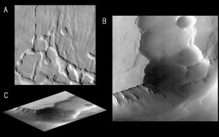 <h1>PIA00941:  MGS Views of Labyrinthus Noctis</h1><div class="PIA00941" lang="en" style="width:800px;text-align:left;margin:auto;background-color:#000;padding:10px;max-height:150px;overflow:auto;">MOC image P005_03 was acquired at 6:25 AM PDT on September 19, 1997, about 11 minutes after Mars Global Surveyor passed close to the planet for the fifth time. During the imaging period, the spacecraft was canted towards the sun-lit hemisphere by 25°, and the MOC was obliquely viewing features about 1600 km (1000 miles) away. The resolution at that distance was about 6 meters (20 feet) per picture element (pixels), but in order to improve the number of gray levels, the pixels were summed in both the cross-track and along-track directions, yielding final resolution of about 12 meters (40 feet) per pixel. The MOC image covers an area about 12 km X 12 km (7.5 X 7.5 miles).<p>Shown above are three pictures:<p> (A) is excepted from the U.S. Geological Survey's Mars Digital Image Mosaic, showing the Labyrinthus Noctis area west of the Valles Marineris. This image is about 175 km (109 miles) square. The outline of the MOC high resolution (Narrow Angle) camera image is centered at 4.6°S, 102.6°W.<p>(B) is the MOC frame P005_03. Because the MOC acquires its images one line at a time, the cant angle towards the sun-lit portion of the planet, the spacecraft orbital velocity, and the spacecraft rotational velocity combined to distort the image slightly.<p>(C) shows P005_03 skewed and rotated to the perspective that MOC was viewing at the time the image was taken.<p> Labyrinthus Noctis is near the crest of a large (many thousands of kilometers) upcoming of the Martian crust, and the 2000 meter (6500 foot) deep canyons visible in these pictures are bounded by faults. Debris shed from the steep slopes has moved down into after the canyons opened. Small dunes are seen in the lowest area, beneath the high cliffs.<p>Launched on November 7, 1996, Mars Global Surveyor entered Mars orbit on Thursday, September 11, 1997. The spacecraft has been using atmospheric drag to reduce the size of its orbit for the past three weeks, and will achieve a circular orbit only 400 km (248 mi) above the surface early next year. Mapping operations begin in March 1998. At that time, MOC narrow angle images will be 5-10 times higher resolution than these pictures.<p>Malin Space Science Systems and the California Institute of Technology built the MOC using spare hardware from the Mars Observer mission. MSSS operates the camera from its facilities in San Diego, CA. The Jet Propulsion Laboratory's Mars Surveyor Operations Project operates the Mars Global Surveyor spacecraft with its industrial partner, Lockheed Martin Astronautics, from facilities in Pasadena, CA and Denver, CO.<br /><br /><a href="http://photojournal.jpl.nasa.gov/catalog/PIA00941" onclick="window.open(this.href); return false;" title="Voir l'image 	 PIA00941:  MGS Views of Labyrinthus Noctis	  sur le site de la NASA">Voir l'image 	 PIA00941:  MGS Views of Labyrinthus Noctis	  sur le site de la NASA.</a></div>