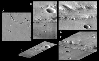 <h1>PIA00942:  MGS Views of Nirgal Vallis</h1><div class="PIA00942" lang="en" style="width:800px;text-align:left;margin:auto;background-color:#000;padding:10px;max-height:150px;overflow:auto;">At 3:08:30 AM on September 21, 1997, the MOC field of view swept across the highland valley network Nirgal Vallis at 28.5°S, 41.6 W. Although the MGS spacecraft was at an altitude of about 400 km (250 miles), the MOC was pointed obliquely across the planet at about 35°, so the distance to Nirgal Vallis was closer to 800 km (500 miles). At that range and viewing angle, the MOC field of view was about 16 km (10 miles) wide, and the resolution was about 9 meters (30 feet) per pixel. The acquired image is 36 km (23 miles) long.<p>Five images are shown above:<p> (A) is an excerpt from the USGS MDIM, roughly 180 km (112 mile) square. The small box outlines the MOC image acquisition.<p>(B) is MOC frame P006_05, shown here at reduced resolution because the full image is almost 7 MBytes in size. Because the MOC acquires its images one line at a time, the cant angle towards the sun-lit portion of the planet, the spacecraft orbital velocity, and the spacecraft rotational velocity combined to significantly distort the image. However, even in this reduced resolution version, dunes can be seen in the canyon and in areas on the upland surface around the canyon.<p>(C) shows a portion of P006_05 at the full resolution of the data. This view shows the dunes more clearly, and also illustrates better the distortion introduced by the method of data acquisition.<p>(D) shows P006_05 skewed and rotated to the perspective that MOC was viewing at the time the image was taken.<p>(E) shows a full-resolution version of a portion of the rotated perspective view.<p> Nirgal Vallis is one of a number of canyons called valley networks or runoff channels. Much of the debate concerning the origin of these valleys centers on whether they were formed by water flowing across the surface, or by collapse and upslope erosion associated with groundwater processes. At the resolution of this image, it is just barely possible to discern an interwoven pattern of lines on the highland surrounding the valley, but it is not possible to tell whether this is a pattern of surficial debris (sand or dust), as might be expected with the amount of crater burial seen, or a pattern of drainage channels. With 4X better resolution from its mapping orbit, MOC should easily be able to tell the difference between these two possibilities.<p>Launched on November 7, 1996, Mars Global Surveyor entered Mars orbit on Thursday, September 11, 1997. The spacecraft has been using atmospheric drag to reduce the size of its orbit for the past three weeks, and will achieve a circular orbit only 400 km (248 mi) above the surface early next year. Mapping operations begin in March 1998. At that time, MOC narrow angle images will be 5-10 times higher resolution than these pictures.<p>Malin Space Science Systems and the California Institute of Technology built the MOC using spare hardware from the Mars Observer mission. MSSS operates the camera from its facilities in San Diego, CA. The Jet Propulsion Laboratory's Mars Surveyor Operations Project operates the Mars Global Surveyor spacecraft with its industrial partner, Lockheed Martin Astronautics, from facilities in Pasadena, CA and Denver, CO.<br /><br /><a href="http://photojournal.jpl.nasa.gov/catalog/PIA00942" onclick="window.open(this.href); return false;" title="Voir l'image 	 PIA00942:  MGS Views of Nirgal Vallis	  sur le site de la NASA">Voir l'image 	 PIA00942:  MGS Views of Nirgal Vallis	  sur le site de la NASA.</a></div>