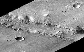 <h1>PIA00944:  Rotated Perspective View of Nirgal Vallis</h1><div class="PIA00944" lang="en" style="width:800px;text-align:left;margin:auto;background-color:#000;padding:10px;max-height:150px;overflow:auto;">This is the full-resolution, rotated perspective image of Nirgal Vallis, a subset of PIA00942. Nirgal Vallis is one of a number of canyons called valley networks or runoff channels. Much of the debate concerning the origin of these valleys centers on whether they were formed by water flowing across the surface, or by collapse and upslope erosion associated with groundwater processes. At the resolution of this image, it is just barely possible to discern an interwoven pattern of lines on the highland surrounding the valley, but it is not possible to tell whether this is a pattern of surficial debris (sand or dust), as might be expected with the amount of crater burial seen, or a pattern of drainage channels. With 4X better resolution from its mapping orbit, MOC should easily be able to tell the difference between these two possibilities.<p>Launched on November 7, 1996, Mars Global Surveyor entered Mars orbit on Thursday, September 11, 1997. The spacecraft has been using atmospheric drag to reduce the size of its orbit for the past three weeks, and will achieve a circular orbit only 400 km (248 mi) above the surface early next year. Mapping operations begin in March 1998. At that time, MOC narrow angle images will be 5-10 times higher resolution than these pictures.<p>Malin Space Science Systems and the California Institute of Technology built the MOC using spare hardware from the Mars Observer mission. MSSS operates the camera from its facilities in San Diego, CA. The Jet Propulsion Laboratory's Mars Surveyor Operations Project operates the Mars Global Surveyor spacecraft with its industrial partner, Lockheed Martin Astronautics, from facilities in Pasadena, CA and Denver, CO.<br /><br /><a href="http://photojournal.jpl.nasa.gov/catalog/PIA00944" onclick="window.open(this.href); return false;" title="Voir l'image 	 PIA00944:  Rotated Perspective View of Nirgal Vallis	  sur le site de la NASA">Voir l'image 	 PIA00944:  Rotated Perspective View of Nirgal Vallis	  sur le site de la NASA.</a></div>