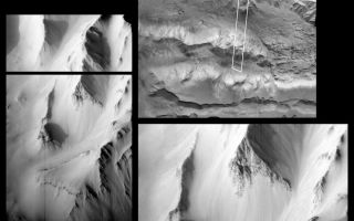 <h1>PIA01021:  Western Tithonium Chasma/Ius Chasma, Valles Marineris</h1><div class="PIA01021" lang="en" style="width:800px;text-align:left;margin:auto;background-color:#000;padding:10px;max-height:150px;overflow:auto;">On October 3, 1997, the MOC acquired this image of the western Tithonium Chasma/Ius Chasma portion of the Valles Marineris, centered at 6.6°S, 90.4°W, at 1:16 PM PDT. Although the lighting beneath the spacecraft was very poor, the camera was canted towards the sun, and the illumination was equivalent to roughly 5 PM local time (the sun was about 17° above the horizon). In the image, the canyon floors are mostly shadowed, but steep slopes in the area are exquisitely highlighted.<p>The area outlined in the upper right image, the highest resolution view of the region previously available, is 6.6 km (4 miles) wide by 55.6 km (34.5 miles) long. The ridges to the north and south are about 4000 m (13,000 feet) above the floor of the troughs, but in the area photographed, the relief is slightly lower (about 3000 m, or 10,000 feet). The top portion of the image is shown on the left, and a section of that image is shown enlarged at lower right. The scale is 6.45 m/pixel across the image by 9.65 m/pixel down the image. The left and lower right images are available at higher resolution as PIA01022 and PIA01023, respectively.<p>Launched on November 7, 1996, Mars Global Surveyor entered Mars orbit on Thursday, September 11, 1997. The original mission plan called for using friction with the planet's atmosphere to reduce the orbital energy, leading to a two-year mapping mission from close, circular orbit (beginning in March 1998). Owing to difficulties with one of the two solar panels, aerobraking was suspended in mid-October and resumed in November 8. Many of the original objectives of the mission, and in particular those of the camera, are likely to be accomplished as the mission progresses.<p>Malin Space Science Systems and the California Institute of Technology built the MOC using spare hardware from the Mars Observer mission. MSSS operates the camera from its facilities in San Diego, CA. The Jet Propulsion Laboratory's Mars Surveyor Operations Project operates the Mars Global Surveyor spacecraft with its industrial partner, Lockheed Martin Astronautics, from facilities in Pasadena, CA and Denver, CO.<br /><br /><a href="http://photojournal.jpl.nasa.gov/catalog/PIA01021" onclick="window.open(this.href); return false;" title="Voir l'image 	 PIA01021:  Western Tithonium Chasma/Ius Chasma, Valles Marineris	  sur le site de la NASA">Voir l'image 	 PIA01021:  Western Tithonium Chasma/Ius Chasma, Valles Marineris	  sur le site de la NASA.</a></div>