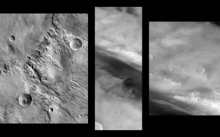 <h1>PIA01024:  Valley and Surrounding Terrain Adjacent to Schiaparelli Crater</h1><div class="PIA01024" lang="en" style="width:800px;text-align:left;margin:auto;background-color:#000;padding:10px;max-height:150px;overflow:auto;">This view of Mars, showing a small area immediately south of the large crater Schiaparelli, was taken by the Mars Orbiter Camera during its 23rd pass close to the planet. It was acquired on October 18, 1997, at 3:42 PM PST, about 10 minutes after closest approach. The image covers an area 4.6 km (2.9 miles) wide by 21.1 km (13.1 miles) high, at a resolution of 4.5 m by 7.9 m (14.75 X 25.9 feet) per picture element, and is centered at 5.5°S, 340.7°W. The local time of the acquisition was about 4:50 PM.<p>The image at left shows the location in the best available image from the Viking Orbiters (approximately 240 m/pixel). The center image is the full image, while at right is an enlarged portion of it. The two right images are available at higher resolution as PIA01025 and PIA01026, respectively.<p>Launched on November 7, 1996, Mars Global Surveyor entered Mars orbit on Thursday, September 11, 1997. The original mission plan called for using friction with the planet's atmosphere to reduce the orbital energy, leading to a two-year mapping mission from close, circular orbit (beginning in March 1998). Owing to difficulties with one of the two solar panels, aerobraking was suspended in mid-October and resumed in November 8. Many of the original objectives of the mission, and in particular those of the camera, are likely to be accomplished as the mission progresses.<p>Malin Space Science Systems and the California Institute of Technology built the MOC using spare hardware from the Mars Observer mission. MSSS operates the camera from its facilities in San Diego, CA. The Jet Propulsion Laboratory's Mars Surveyor Operations Project operates the Mars Global Surveyor spacecraft with its industrial partner, Lockheed Martin Astronautics, from facilities in Pasadena, CA and Denver, CO.<br /><br /><a href="http://photojournal.jpl.nasa.gov/catalog/PIA01024" onclick="window.open(this.href); return false;" title="Voir l'image 	 PIA01024:  Valley and Surrounding Terrain Adjacent to Schiaparelli Crater	  sur le site de la NASA">Voir l'image 	 PIA01024:  Valley and Surrounding Terrain Adjacent to Schiaparelli Crater	  sur le site de la NASA.</a></div>