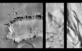 <h1>PIA01027:  Complex Floor Deposits Within Western Ganges Chasma, Valles Marineris</h1><div class="PIA01027" lang="en" style="width:800px;text-align:left;margin:auto;background-color:#000;padding:10px;max-height:150px;overflow:auto;">On October 26, 1997, MOC took this image of Mars 10 minutes after its closest approach to the planet (1:46 AM PST). The view shows the floor of western Ganges Chasma (7.8°S 51.8°W), covering an area 2.6 km (1.6 miles) wide by 45.4 km (28.2 miles) long at a resolution of 5 by 7.4 meters (16.4 by 24.3 feet) per picture element. The local time on Mars when the picture was taken was 4:35 PM.<p>The center image (available at higher resolution as PIA01028) shows the northern portion of the area inscribed in the left image. The right image (PIA01029) shows the southern portion.<p>Launched on November 7, 1996, Mars Global Surveyor entered Mars orbit on Thursday, September 11, 1997. The original mission plan called for using friction with the planet's atmosphere to reduce the orbital energy, leading to a two-year mapping mission from close, circular orbit (beginning in March 1998). Owing to difficulties with one of the two solar panels, aerobraking was suspended in mid-October and resumed in November 8. Many of the original objectives of the mission, and in particular those of the camera, are likely to be accomplished as the mission progresses.<p>Malin Space Science Systems and the California Institute of Technology built the MOC using spare hardware from the Mars Observer mission. MSSS operates the camera from its facilities in San Diego, CA. The Jet Propulsion Laboratory's Mars Surveyor Operations Project operates the Mars Global Surveyor spacecraft with its industrial partner, Lockheed Martin Astronautics, from facilities in Pasadena, CA and Denver, CO.<br /><br /><a href="http://photojournal.jpl.nasa.gov/catalog/PIA01027" onclick="window.open(this.href); return false;" title="Voir l'image 	 PIA01027:  Complex Floor Deposits Within Western Ganges Chasma, Valles Marineris	  sur le site de la NASA">Voir l'image 	 PIA01027:  Complex Floor Deposits Within Western Ganges Chasma, Valles Marineris	  sur le site de la NASA.</a></div>