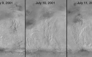 <h1>PIA03172:  The 2001 Great Dust Storms - Daedalia/Claritas/Syria Dust Plumes</h1><div class="PIA03172" lang="en" style="width:800px;text-align:left;margin:auto;background-color:#000;padding:10px;max-height:150px;overflow:auto;"><p>Although dust storms occur year-round on Mars, they often occur in greater numbers during certain seasons. In particular, it has long been known from Earth-based telescopic observations that the largest, global dust events(those that enshroud the entire planet) occur during the southern spring and summer. As the Mars Global Surveyor (MGS) mission began to monitor this period for the second time, particular attention was paid to local and regional dust storms in anticipation of capturing--for the first time--high spatial-and time-resolution observations of the start of a "global" storm.<p>Throughout the month of June 2001, the MGS Mars Orbiter Camera (MOC)routinely accumulated low resolution (7.5 km/pixel) global maps of Marson an orbit-by-orbit basis. A moderately large number of local dust storms were noted, especially along the retreating margin of the seasonal south polar CO2 frost cap and around the large and deep Hellas impact basin that dominates the southern, eastern highlands. On June 21, an otherwise undistinguished small dust storm surged into the basin from the southwest. When viewed 24 hours later, the storm had circulated clockwise about 1/3of the circumference of Hellas, indicating relatively high winds. For the next three days, this storm brewed north of Hellas and east towards Hesperia, but didn't cross the equator (see <a href="/catalog/PIA03170">PIA03170</a>). Then, sometime between 2 PM local Mars time on June 25 and 2 PM local Mars time on June 26, the storm exploded north across the equator, and in less than 24 hours thereafter, dust was being raised from separate locations in Arabia, Nilosyrtis, and Hesperia, thousands of kilometers away from Hellas. This was the start of the long-anticipated global dust event.<p>Over the following week, dust injected high into the stratosphere during the initial Hellas and Hesperia storms drifted eastward, carried by the prevailing south circumpolar jet stream. Beneath this "veil" of dust, an intense wind front moved across Mars, setting up conditions for many other local and regional dust storms. By July 4, a large regional storm was raging between Daedalia Planitia south of the Tharsis volcanoes and Syria Planum (just south of Labyrinthus Noctis, see <a href="/catalog/PIA03171">PIA03171</a>). Another storm was raising plumes of dust in north central Noachis/southwestern Meridiani. Plumes were rising in Hesperia but not Hellas.<p>Throughout July and August, MOC observations revealed a general pattern of regional storm centers beneath an ever-spreading veil of stratospheric dust. The Daedalia/Claritas/Syria storm created dust plumes on over 90 consecutive days .<p>Previous views and perceptions of global dust events had noted regional brightenings within the overall pall of what was called a "global duststorm." From our new observations, we know that at least this global dust "storm" was really a set of storms, somehow triggered to occur at the same time. We also know that dust was not raised from everywhere on the surface during this global event, but rather from discrete, long-lived centers of activity. We saw, for the first time, rapid, cross-equatorial flow of dust-raising winds.<p>Malin Space Science Systems and the California Institute of Technology built the MOC using spare hardware from the Mars Observer mission. MSSS operates the camera from its facilities in San Diego, CA. The Jet Propulsion Laboratory's Mars Surveyor Operations Project operates the Mars Global Surveyor spacecraft with its industrial partner, Lockheed Martin Astronautics, from facilities in Pasadena, CA and Denver, CO.<br /><br /><a href="http://photojournal.jpl.nasa.gov/catalog/PIA03172" onclick="window.open(this.href); return false;" title="Voir l'image 	 PIA03172:  The 2001 Great Dust Storms - Daedalia/Claritas/Syria Dust Plumes	  sur le site de la NASA">Voir l'image 	 PIA03172:  The 2001 Great Dust Storms - Daedalia/Claritas/Syria Dust Plumes	  sur le site de la NASA.</a></div>