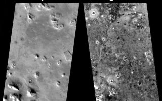 <h1>PIA04100:  The So-called "Face on Mars" at Night</h1><div class="PIA04100" lang="en" style="width:800px;text-align:left;margin:auto;background-color:#000;padding:10px;max-height:150px;overflow:auto;"><p><a href="/figures/PIA04100_context.jpg"></a><br><p>This pair of THEMIS infrared images shows the so-called "face on Mars" landform viewed during both the day and night. The nighttime THEMIS IR image was acquired on Oct. 24, 2002; the daytime image was originally released on July 24, 2002. Both images are of THEMIS's 9th IR band (12.57 microns), and they have been geometrically projected for image registration. The "face on Mars" is located in the northern plains of Mars near 40° N, 10° W (350 ° E). This knob can be seen in the daytime image because of the temperature differences between the sunlit (warm and bright) and shadowed (cold and dark) slopes. The temperature in the daytime scene ranges from -50 °C (darkest) to -15 °C (brightest). At night many of the hills and knobs in this region are difficult to detect because the effects of heating and shadowing on the slopes are no longer present. The temperatures at night vary from approximately -90 °C (darkest) to -75 °C (warmest). The nighttime temperature differences are due primarily to differences in the abundance of rocky materials that retain their heat at night and stay warm. Fine grained dust and sand cools of more rapidly at night. The circular rims and eject of many of the craters in this region are warm at night, showing that rocks are still present on the steep walls inside the craters and in the ejecta material that was blasted out when the craters formed. Some craters have cold (dark) material on their floors in the night IR image, indicating that fine-grained material is accumulating within the craters. Many knobs and hills, including the "face" have rocky (warm at night) material on their slopes and ridges.<p>The THEMIS infrared camera provides an excellent regional view of Mars - these images cover an area 32 kilometers (~20 miles) by approximately 50 kilometers (~30 miles) at a resolution of 100 meters per picture element ("pixel"). The scenes are tilted differently because the Odyssey orbit is inclined by 3° from the true north-south direction, and the spacecraft is flying from north-to-south on the day side and from south-to-north on the night side of the planet. These images provide a broad perspective of the landscape and geology of the Cydonia region, showing numerous knobs and hills that have been eroded into a remarkable array of different shapes. In these views the Cydonia region is seen to numerous interesting knobs and mesas that are similar in many ways to the knob named the "face." The 3-km long "face" knob was first imaged by the Viking spacecraft in the 1970's and was seen by some to resemble a face carved into the rocks of Mars. Since that time the Mars Orbiter Camera on the Mars Global Surveyor spacecraft and the THEMIS visible and infrared cameras on Mars Odyssey have provided detailed views of this hill that clearly show that it is a normal geologic feature with slopes and ridges carved by eons of wind and downslope motion due to gravity. Many of the knobs in Cydonia, including the "face," have several flat ledges partway up the hill slopes. These ledges are made of more resistant layers of rock and are the last remnants of layers that once were continuous across this entire region. Erosion has completely removed these layers in most places, leaving behind only the small isolated hills and knobs seen today.<p>Note: this THEMIS infrared image has not been radiometrically nor geometrically calibrated for this preliminary release. An empirical correction has been performed to remove instrumental effects. A linear shift has been applied in the cross-track and down-track direction to approximate spacecraft and planetary motion. Fully calibrated and geometrically projected images will be released through the Planetary Data System in accordance with Project policies at a later time.<p>NASA's Jet Propulsion Laboratory manages the 2001 Mars Odyssey mission for NASA's Office of Space Science, Washington, D.C. The Thermal Emission Imaging System (THEMIS) was developed by Arizona State University, Tempe, in collaboration with Raytheon Santa Barbara Remote Sensing. The THEMIS investigation is led by Dr. Philip Christensen at Arizona State University. Lockheed Martin Astronautics, Denver, is the prime contractor for the Odyssey project, and developed and built the orbiter. Mission operations are conducted jointly from Lockheed Martin and from JPL, a division of the California Institute of Technology in Pasadena.<br /><br /><a href="http://photojournal.jpl.nasa.gov/catalog/PIA04100" onclick="window.open(this.href); return false;" title="Voir l'image 	 PIA04100:  The So-called "Face on Mars" at Night	  sur le site de la NASA">Voir l'image 	 PIA04100:  The So-called "Face on Mars" at Night	  sur le site de la NASA.</a></div>