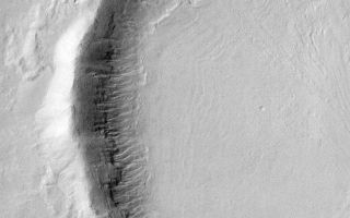 <h1>PIA04408:  Gullies on Martian Crater (THEMIS)</h1><div class="PIA04408" lang="en" style="width:800px;text-align:left;margin:auto;background-color:#000;padding:10px;max-height:150px;overflow:auto;">This visible-light image, taken by the thermal emission imaging system on NASA's 2001 Mars Odyssey spacecraft, indicates that gullies on martian crater walls may be carved by liquid water melting from remnant snow packs. The gullies in the top right-center appear to emerge from beneath and within a gradually disappearing blanket of snow. The current snow pack in this crater (located at 43 degrees south, 214 degrees east) appears to remain only on the cold, pole facing crater wall (top). On the less-shaded, warmer sides of the crater (left), the snow cover has completely disappeared, leaving the gullies exposed. The image shows an area 14.8 kilometers (9.2 miles) by 21.6 kilometers (13.4 miles). North is toward the top, and illumination is from the left.<p>NASA's Jet Propulsion Laboratory manages the 2001 Mars Odyssey mission for NASA's Office of Space Science, Washington, D.C. The thermal emission imaging system was provided by Arizona State University, Tempe. Lockheed Martin Astronautics, Denver, is the prime contractor for the project, and developed and built the orbiter. Mission operations are conducted jointly from Lockheed Martin and from JPL, a division of the California Institute of Technology in Pasadena.<br /><br /><a href="http://photojournal.jpl.nasa.gov/catalog/PIA04408" onclick="window.open(this.href); return false;" title="Voir l'image 	 PIA04408:  Gullies on Martian Crater (THEMIS)	  sur le site de la NASA">Voir l'image 	 PIA04408:  Gullies on Martian Crater (THEMIS)	  sur le site de la NASA.</a></div>