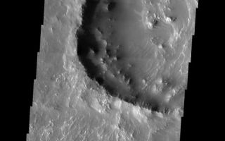 <h1>PIA04709:  Koga Crater</h1><div class="PIA04709" lang="en" style="width:513px;text-align:left;margin:auto;background-color:#000;padding:10px;max-height:150px;overflow:auto;"><p /><a href="/figures/PIA04709_context.jpg"></a><br /><p />Released 18 August 2003<p />This image shows Koga crater, named for a town in Tanzania. It is located in a region called Claritas Fossae, full of large linear features that are not visible in this particular image. What is visible is a mantle of fine material that is draped over much of the terrain, particularly in the floor of the crater. Note how the low-lying surfaces are smooth and dark, covered in this layer of fine material. Sharp blocks and cliffs poke through this mantle, showing that either the mantle never buried all of the underlying topography, or that some of it has eroded away to expose the higher ground.<p />Image information: VIS instrument. Latitude -29.1, Longitude 256.1 East (103.9 West). 19 meter/pixel resolution.<p />Note: this THEMIS visual image has not been radiometrically nor geometrically calibrated for this preliminary release. An empirical correction has been performed to remove instrumental effects. A linear shift has been applied in the cross-track and down-track direction to approximate spacecraft and planetary motion. Fully calibrated and geometrically projected images will be released through the Planetary Data System in accordance with Project policies at a later time. <p />NASA's Jet Propulsion Laboratory manages the 2001 Mars Odyssey mission for NASA's Office of Space Science, Washington, D.C. The Thermal Emission Imaging System (THEMIS) was developed by Arizona State University, Tempe, in collaboration with Raytheon Santa Barbara Remote Sensing. The THEMIS investigation is led by Dr. Philip Christensen at Arizona State University. Lockheed Martin Astronautics, Denver, is the prime contractor for the Odyssey project, and developed and built the orbiter. Mission operations are conducted jointly from Lockheed Martin and from JPL, a division of the California Institute of Technology in Pasadena.<br /><br /><a href="http://photojournal.jpl.nasa.gov/catalog/PIA04709" onclick="window.open(this.href); return false;" title="Voir l'image 	 PIA04709:  Koga Crater	  sur le site de la NASA">Voir l'image 	 PIA04709:  Koga Crater	  sur le site de la NASA.</a></div>