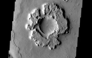 <h1>PIA08772:  Eroded Ejecta</h1><div class="PIA08772" lang="en" style="width:579px;text-align:left;margin:auto;background-color:#000;padding:10px;max-height:150px;overflow:auto;"><p><a href="/figures/PIA08772_fig1.jpg"></a><br><b>Context image for PIA08772<br />Eroded Ejecta</b></p><p>Only the most resistant portions of this crater's ejecta remain.</p><p>Image information: VIS instrument. Latitude 17.0N, Longitude 18.9E. 18 meter/pixel resolution.</p><p></p><p>Please see the <a href="http://themis.asu.edu/terms" target="_blank">THEMIS Data Citation Note</a> for details on crediting THEMIS images.</p><p>Note: this THEMIS visual image has not been radiometrically nor geometrically calibrated for this preliminary release. An empirical correction has been performed to remove instrumental effects. A linear shift has been applied in the cross-track and down-track direction to approximate spacecraft and planetary motion. Fully calibrated and geometrically projected images will be released through the Planetary Data System in accordance with Project policies at a later time.</p><p>NASA's Jet Propulsion Laboratory manages the 2001 Mars Odyssey mission for NASA's Office of Space Science, Washington, D.C. The Thermal Emission Imaging System (THEMIS) was developed by Arizona State University, Tempe, in collaboration with Raytheon Santa Barbara Remote Sensing. The THEMIS investigation is led by Dr. Philip Christensen at Arizona State University. Lockheed Martin Astronautics, Denver, is the prime contractor for the Odyssey project, and developed and built the orbiter. Mission operations are conducted jointly from Lockheed Martin and from JPL, a division of the California Institute of Technology in Pasadena.</p><br /><br /><a href="http://photojournal.jpl.nasa.gov/catalog/PIA08772" onclick="window.open(this.href); return false;" title="Voir l'image 	 PIA08772:  Eroded Ejecta	  sur le site de la NASA">Voir l'image 	 PIA08772:  Eroded Ejecta	  sur le site de la NASA.</a></div>